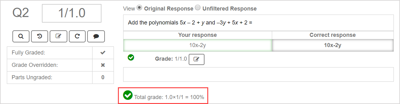The total grade in the question pane is highlighted and is a percentage.